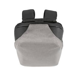 A grey and black backpack with dual straps and a sleek design, featuring a logo on the front.