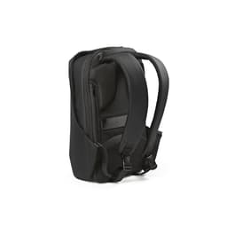 A black backpack made from anticut fabric with adjustable straps and a sleek design. Features a logo.