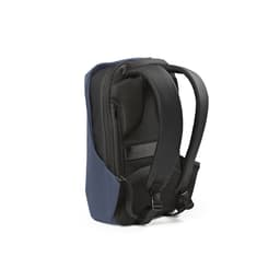 A navy and black backpack featuring anticut fabric, a TSA lock, and adjustable straps. It has a simple design and a logo.