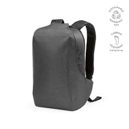 A grey backpack with a sleek design, featuring a TSA lock and anticut fabric, along with a logo.