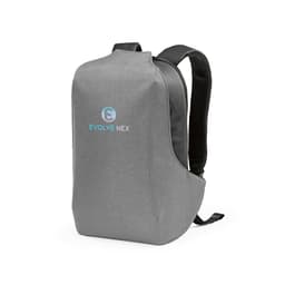 A grey backpack with a TSA lock, anti-cut fabric, and a branding logo on the front.