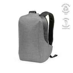 A grey backpack featuring sustainable materials, TSA lock, and anticut fabric. It has shoulder straps and a logo.