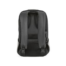 A black backpack featuring padded straps, an anticut fabric, and a TSA lock. It has a logo on the side.