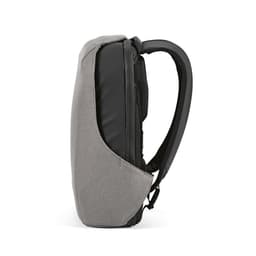 A grey and black backpack with a sleek design, featuring a TSA lock and anticut fabric, plus a logo.