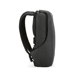 A sleek black and grey backpack featuring anticut fabric and a TSA lock, with adjustable straps.