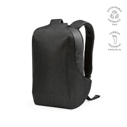 A black backpack made from sustainable materials, featuring a TSA lock and anticut fabric, with a logo visible.