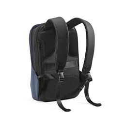 A black and navy backpack with adjustable straps, featuring an anticut fabric and a TSA lock. It has a branding logo.