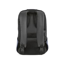 A dark blue and black backpack featuring padded shoulder straps and a zippered pocket on the back. It has a logo.