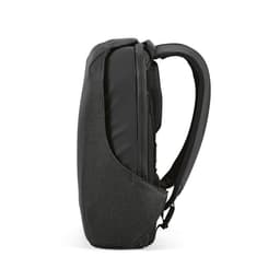 A sleek, grey backpack featuring a TSA lock, anticut fabric, and adjustable straps. It has a logo on the surface.