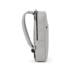 A grey backpack with a sleek design, featuring a zippered closure and adjustable straps. It has a branded logo.