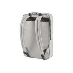 A grey backpack with adjustable straps, featuring a zip closure and a side pocket, has a logo on it.