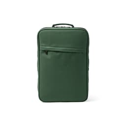 A green backpack with a sleek design, featuring a front pocket and a handle on top. It has a logo.