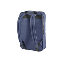 A dark blue backpack with two shoulder straps and a zip closure, featuring a logo and space for a 17" laptop.