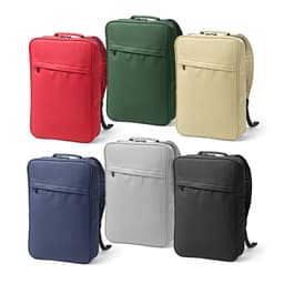 A collection of six backpacks in red, green, beige, navy, grey, and black, featuring a front pocket and a logo.