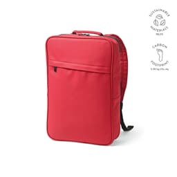 A red backpack with a sleek design, featuring a front pocket and shoulder straps, made from sustainable materials.