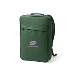 A green backpack designed to fit a 17" laptop, featuring a front pocket and a logo.