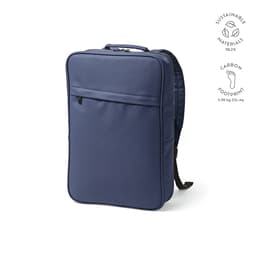 A navy blue backpack featuring sustainable materials, suitable for a 17" laptop, with a front pocket and padded straps.