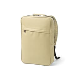 A beige backpack featuring a front pocket, adjustable straps, and a logo, designed to fit a 17" laptop.