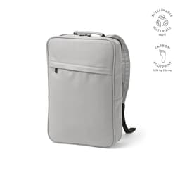 A grey backpack made from sustainable materials, featuring a zippered closure and a front pocket. Includes a branding logo.