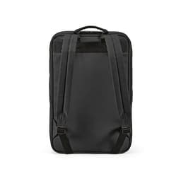 A black backpack with adjustable straps, designed to fit a 17" laptop. Features a logo on the front.