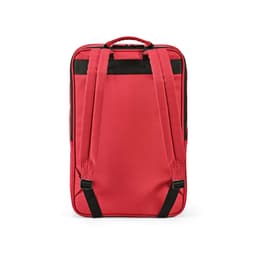A red backpack with adjustable straps, featuring a logo, suitable for a 17" laptop.