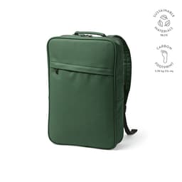 A green backpack with a zipped front pocket, designed for a 17" laptop and made from sustainable materials.