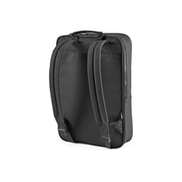 A black backpack with adjustable straps and a zippered compartment, featuring a logo. Fits a 17" laptop.