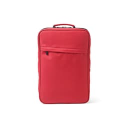 A red backpack featuring a front pocket, designed to fit a 17" laptop, with a logo on it.