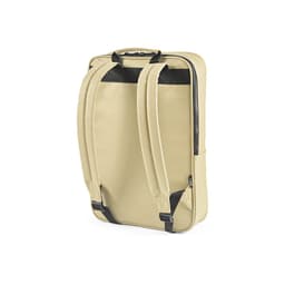 A beige backpack with black straps and a smooth finish, featuring a zip closure and side pockets.