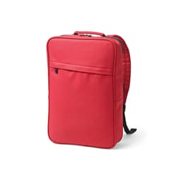 A red backpack with a sleek design, featuring shoulder straps and a front pocket, suitable for a 17" laptop.