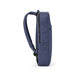 A navy backpack with a side view, featuring a zip closure and adjustable straps. It includes a logo.