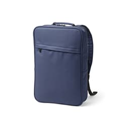 A navy backpack made from rPU and rPET materials, designed to fit a 17" laptop. Features a front pocket and branded logo.