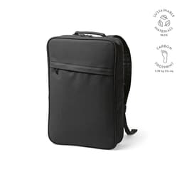 A black backpack with a streamlined design, featuring sustainable materials and a front zip pocket.
