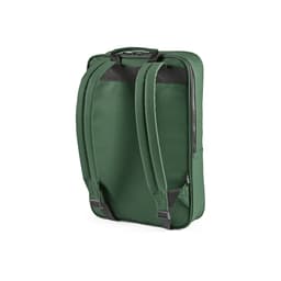 A green Amsterdam Backpack with adjustable straps, featuring a logo and designed to fit a 17" laptop.