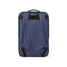 A navy backpack with padded shoulder straps and a logo, designed to fit a 17" laptop.