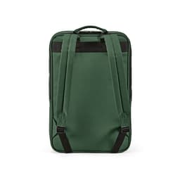 A green backpack with padded shoulder straps and a handle, designed for a 17" laptop. It features branding.