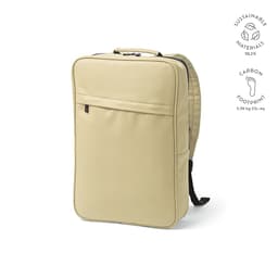 A beige backpack with a sleek design, featuring a logo and made from sustainable materials. Fits a 17" laptop.