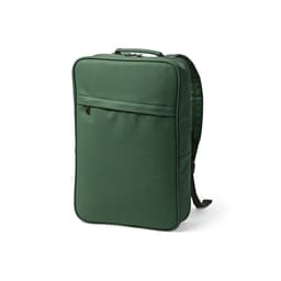 A green Amsterdam Backpack made from rPU and rPET, designed to fit a 17" laptop. It features a logo.