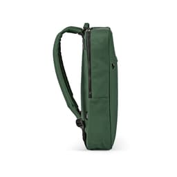 A green backpack with a sleek design, featuring a zipper and a shoulder strap, suitable for a laptop.