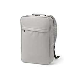 A grey backpack designed for a 17" laptop, featuring a front pocket and adjustable straps. It has a logo.