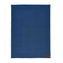 A blue blanket made of cotton, featuring a customisable patch and a branding logo at the bottom.