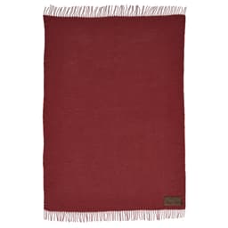 A maroon blanket with fringe edges, featuring a customisable patch and a branding logo.