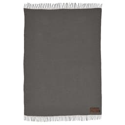 A grey Lichtenstein blanket made of rPET with tasselled edges and a small branding label.