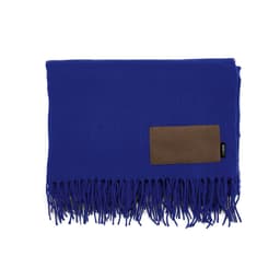 A blue blanket with fringes and a customisable patch. It features a branding label.