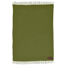 A green Lichtenstein blanket made from recycled PET, featuring fringed edges and a patch for customisation.