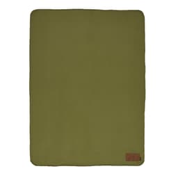 An olive green blanket with a customisable patch and a small logo in one corner.