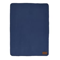 A navy blue blanket made from rPET, featuring a customisable patch and a branding label.