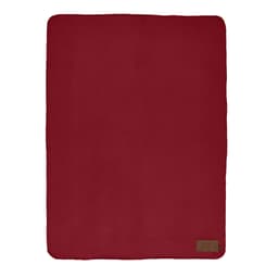 A red rPET blanket with a customisable patch and a logo on a corner.