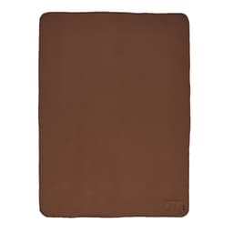 A brown blanket with a soft texture and a small patch, featuring a logo on one corner.