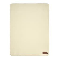 A cream blanket made from rPET, featuring a customisable patch and a small logo on one corner.